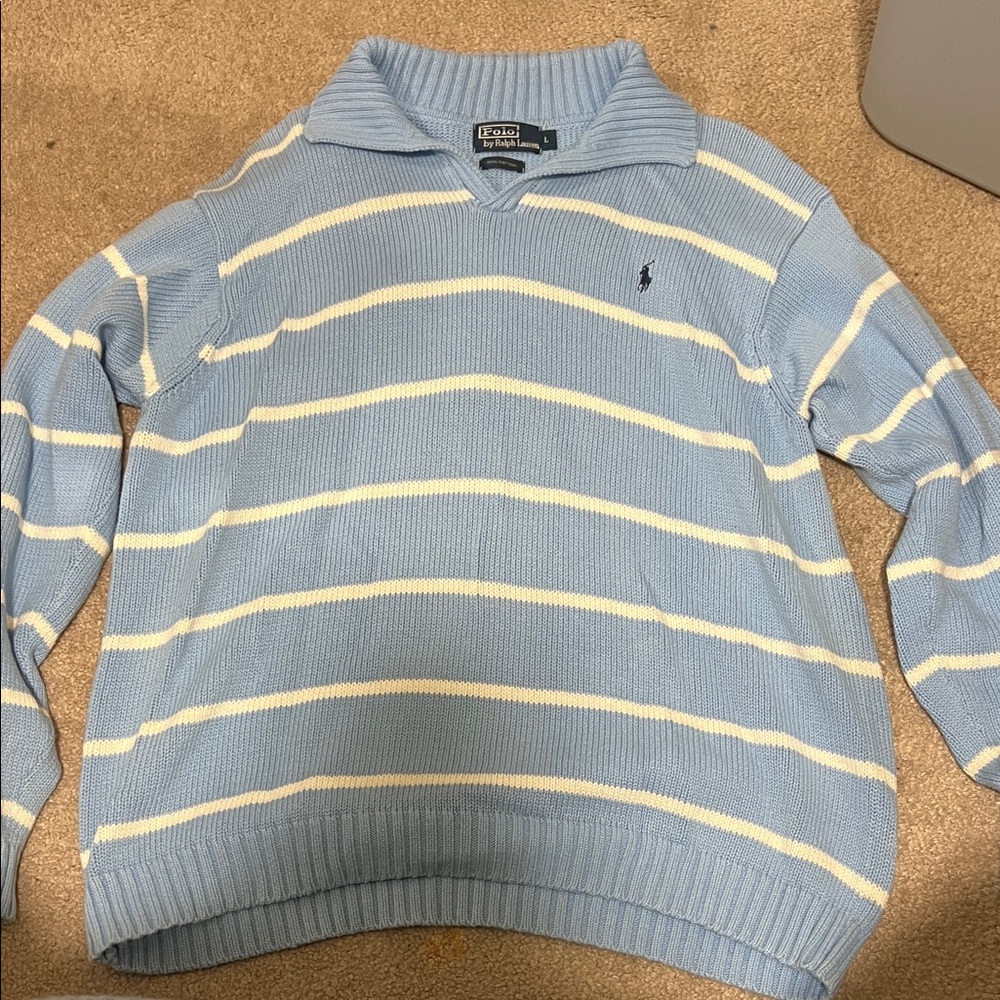 Polo by Ralph Lauren Light Blue and White Striped Cardigan